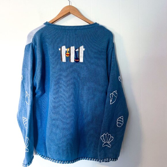 Vintage Design White Blue Lighthouse Ocean Sailboat Nantucket Cardigan Sweater L - Picture 3 of 10